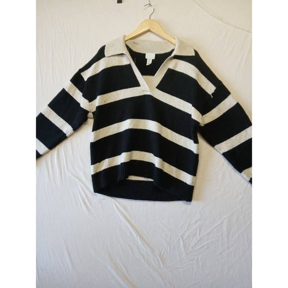 H&M Sweaters - H‎ & M Wool Blend Black and White Striped V-Neck Sweater Womens Medium Collared